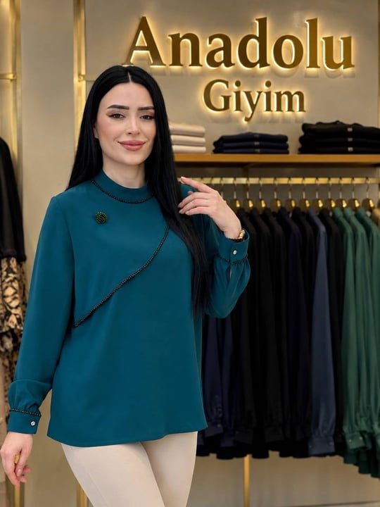 Omuz Kapak Boncuk Şerit Gömlek 1159 T-26 Zümrüt Yeşil