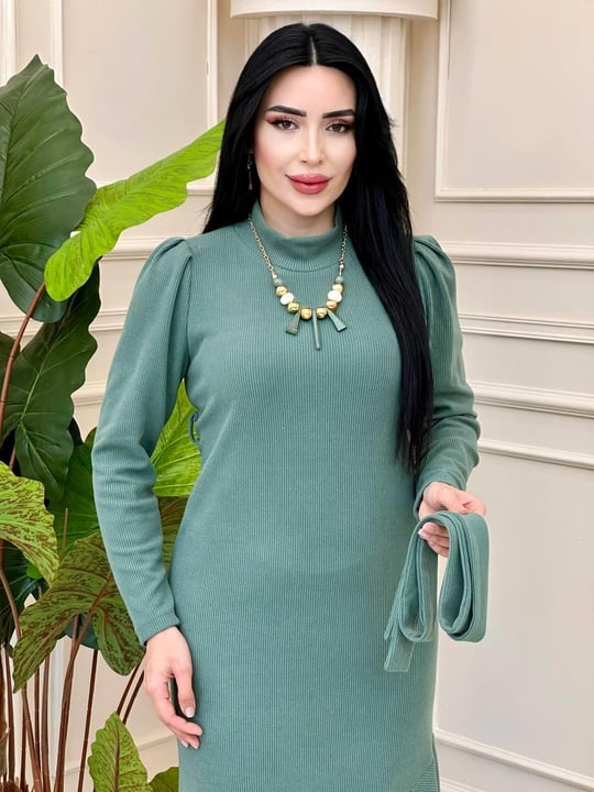 Omuz Pile Örme Elbise 1377 t24 Mint yeşili