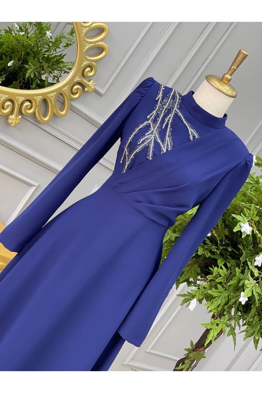 Omuz Taşlı Elbise 3703 Saks