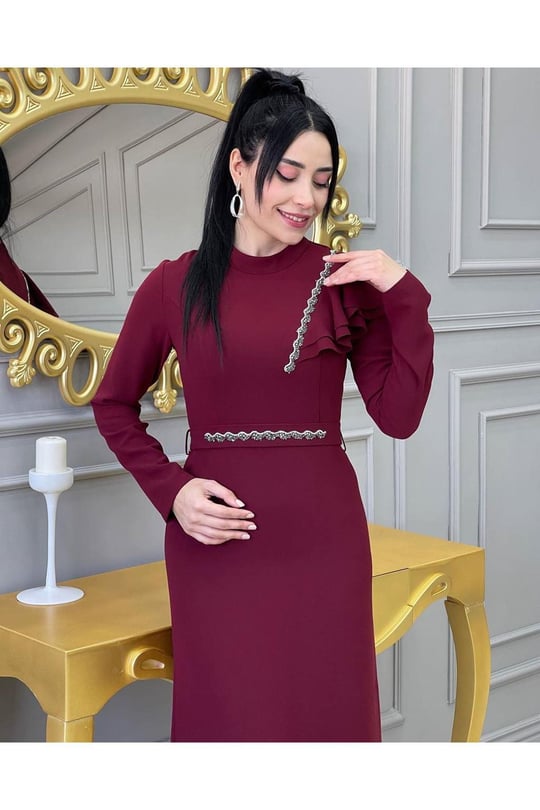 Omzu Fırfır Elbise 599 Bordo
