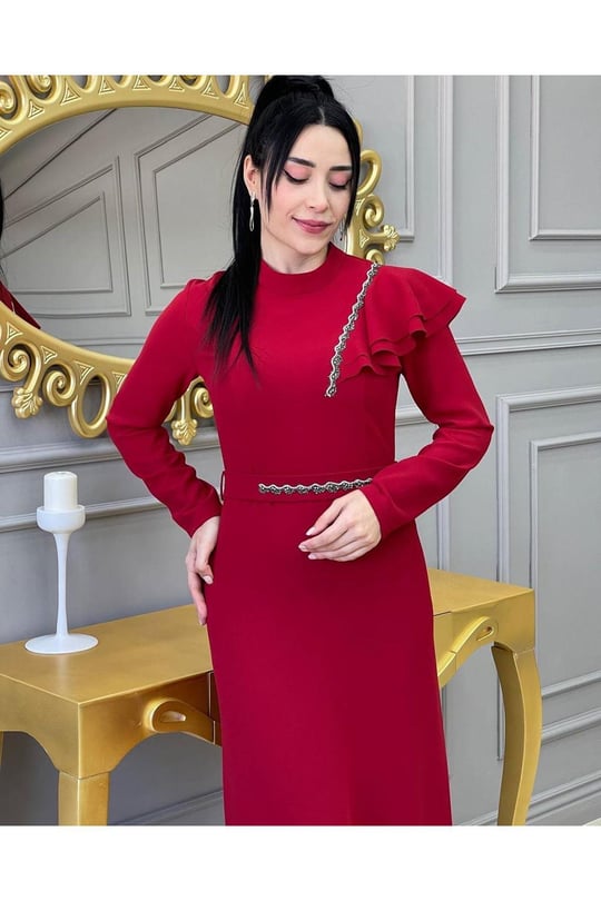 Omzu Fırfır Elbise 599 Kırmızı