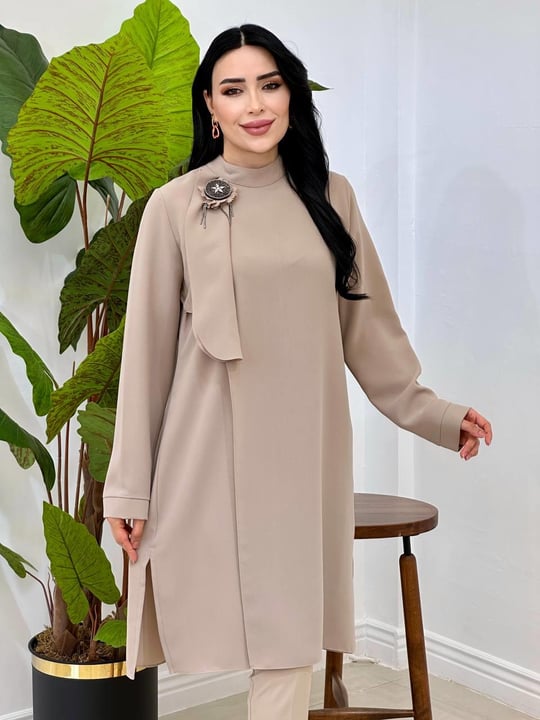 Ön Kapama Fularlı Tunik 2163 T-25 Bej