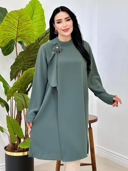 Ön Kapama Fularlı Tunik 2163 T-25 Mint yeşili