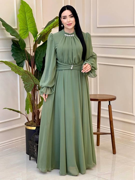 Önü Drape Şifon Elbise 4801 t-24 Haki