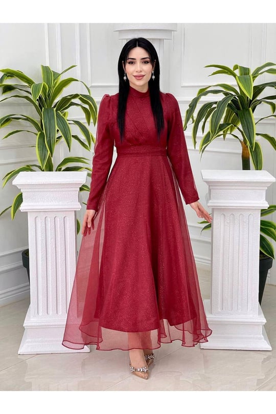 Önü Drape Simli Tül Elbise 4279 Bordo