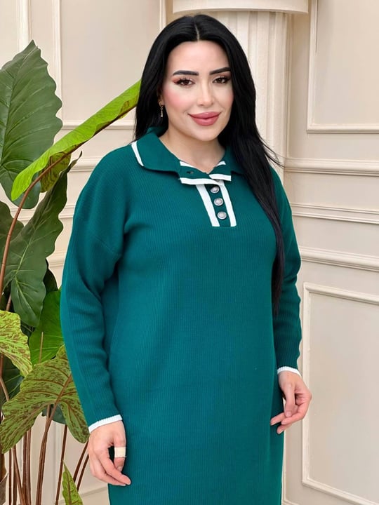 Önü Düğmeli Triko Elbise 3077 t-24 Zümrüt Yeşil