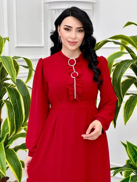 Önü Fır Fır Broşlu Elbise 1651 Kırmızı
