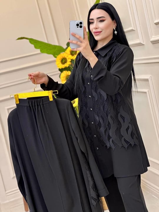 Önü Güpür Pantolonlu Takım 4192 t025 Siyah