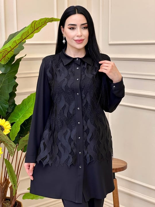 Önü Güpür Pantolonlu Takım 4192 t025 Siyah