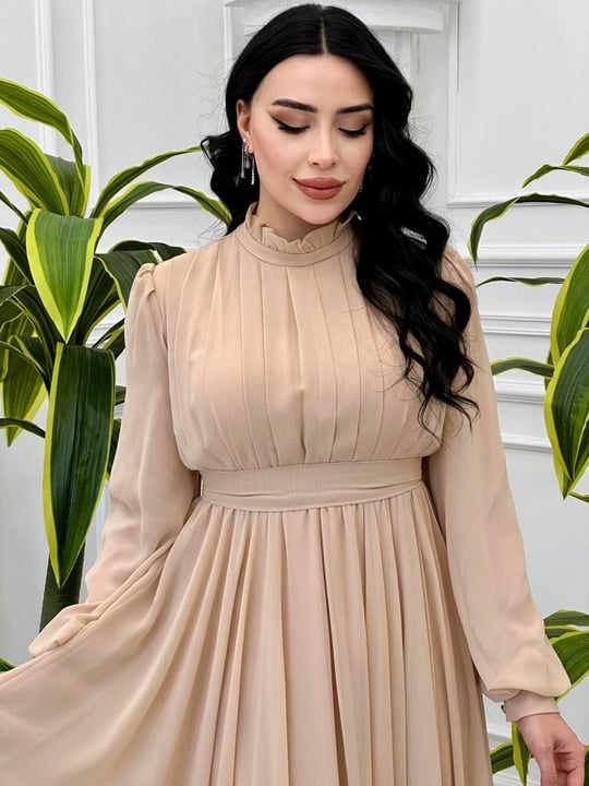 Önü Pileli Balon Kol Şifon Elbise 9278 T-24 Bej
