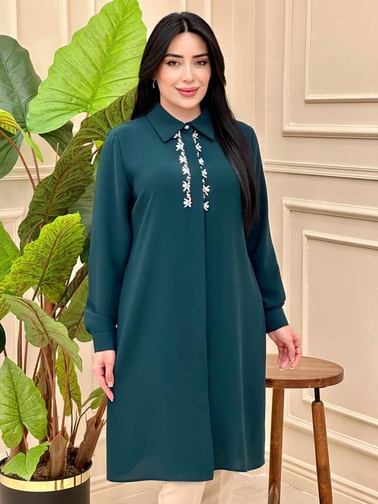 Önü Taş Düğmeli Polo Tunik 1017 T025 Zümrüt Yeşil