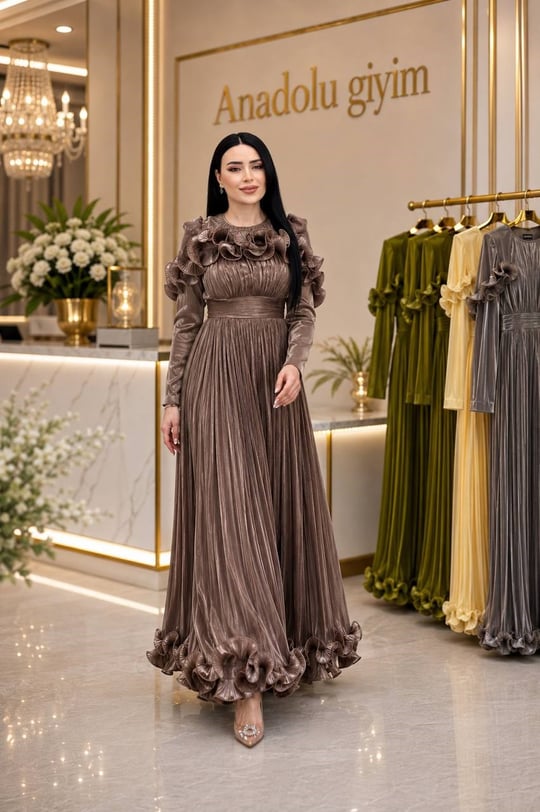 Önü Ve Etek Ucu Fır Fır Organz Elbise 5569 T-26 Bronz