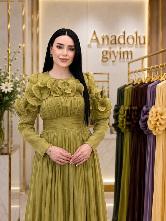 Önü Ve Etek Ucu Fır Fır Organz Elbise 5569 T-26 fıstık yeşili