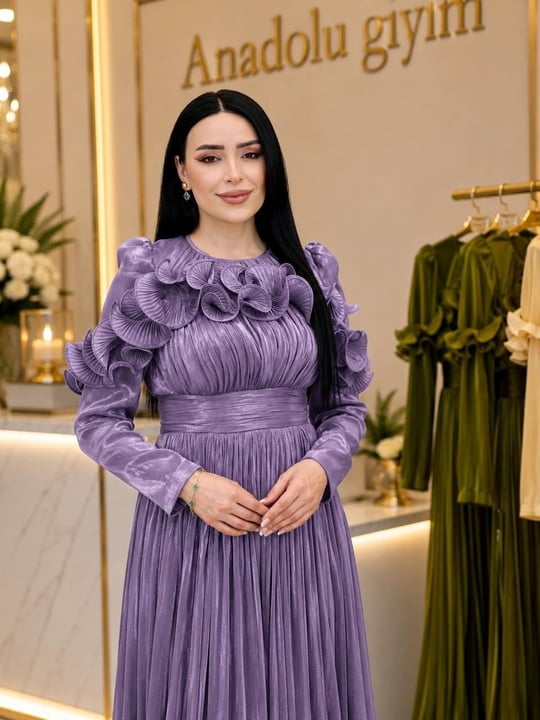 Önü Ve Etek Ucu Fır Fır Organz Elbise 5569 T-26 Leylak