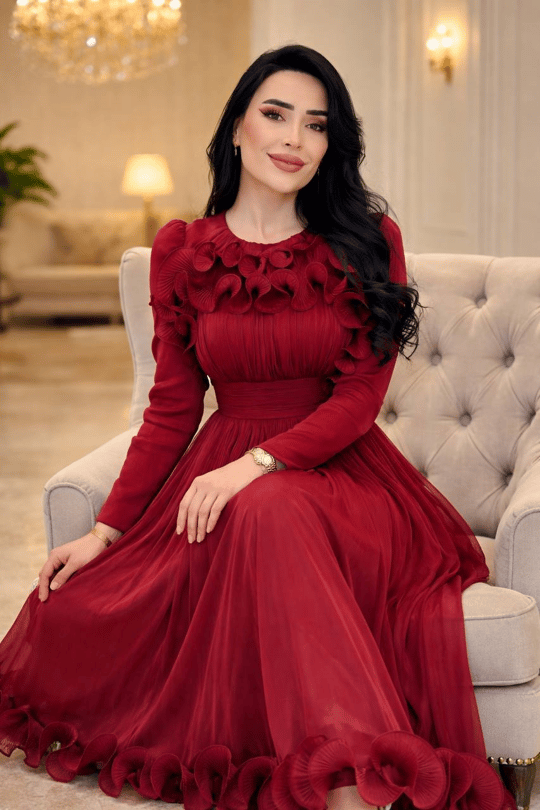 Önü Ve Etek Ucu Fır Fır Organz Elbise 5569 T-26 Bordo