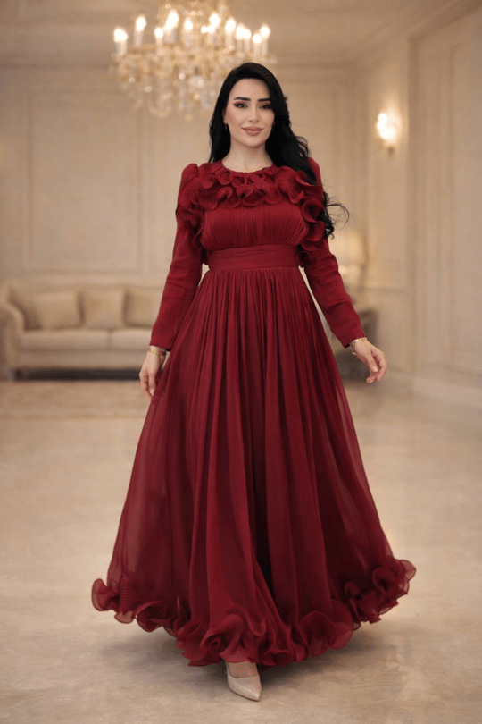 Önü Ve Etek Ucu Fır Fır Organz Elbise 5569 T-26 Bordo