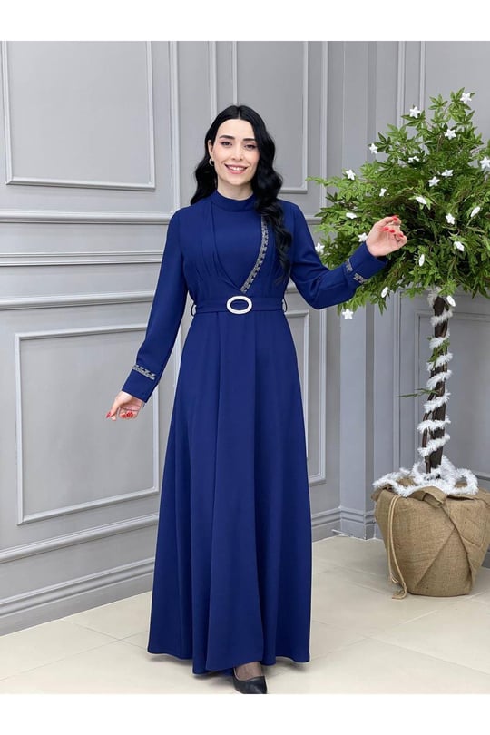 Önü Yarım Taşlı Elbise 5517 Saks