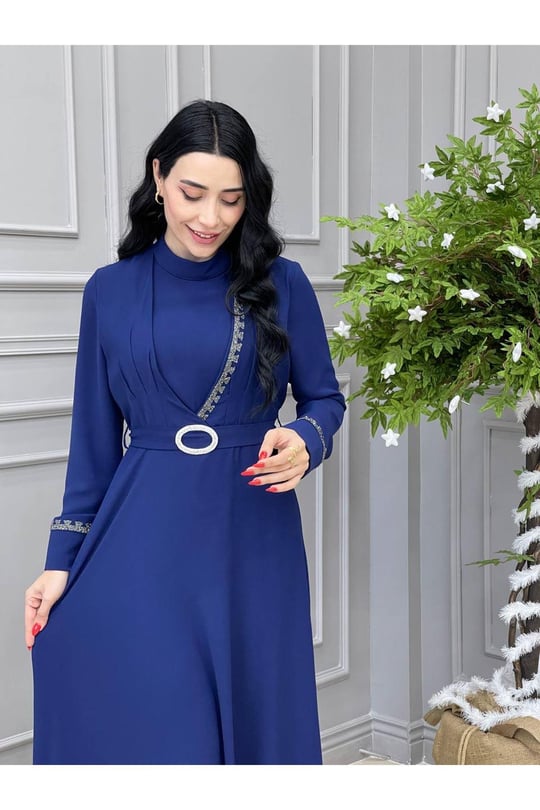 Önü Yarım Taşlı Elbise 5517 Saks