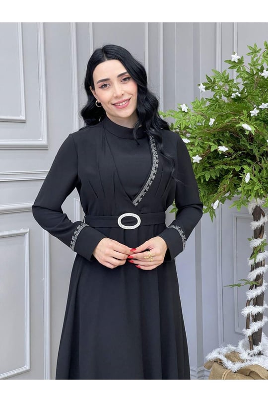 Önü Yarım Taşlı Elbise 5517 Siyah
