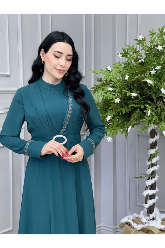 Önü Yarım Taşlı Elbise 5517 Yeşil
