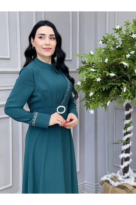 Önü Yarım Taşlı Elbise 5517 Yeşil