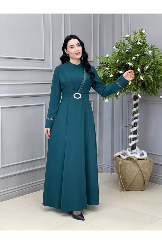 Önü Yarım Taşlı Elbise 5517 Yeşil