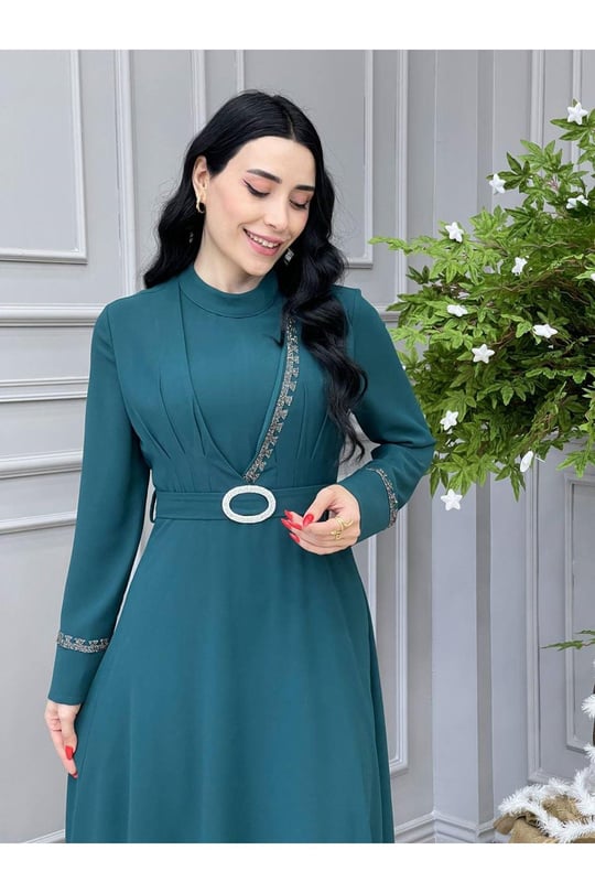 Önü Yarım Taşlı Elbise 5517 Yeşil