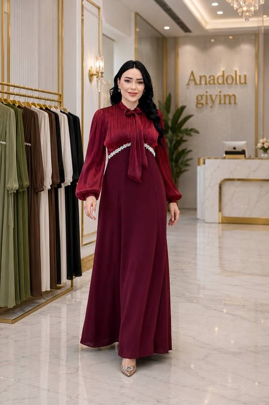 Organz Detay Fularlı Krep Elbise 5570 T-26 Bordo