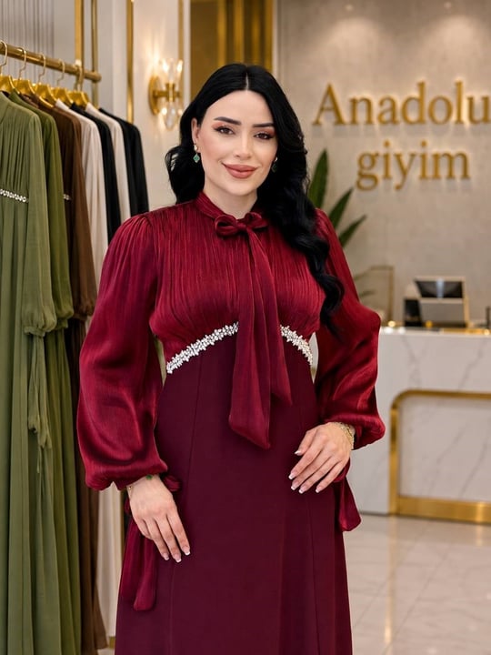 Organz Detay Fularlı Krep Elbise 5570 T-26 Bordo