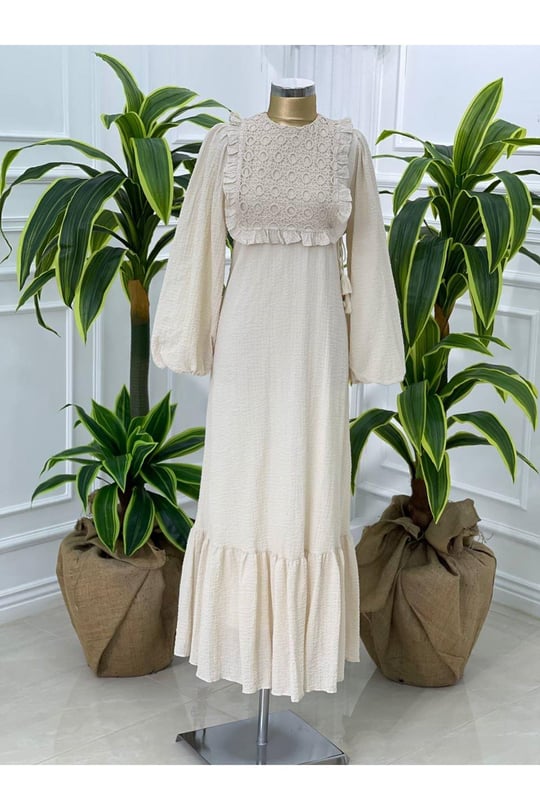 Örğü Halka Desen Elbise 1355 Bej