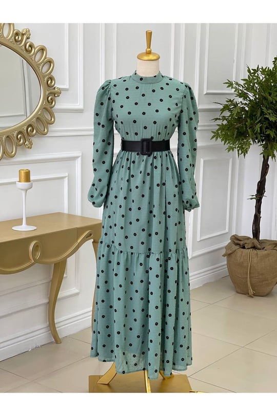 Papatya Kapartma Elbise 1225 Mint yeşili