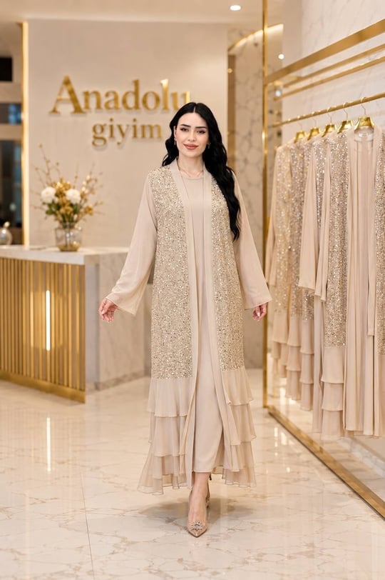 Payet File Detay Abaya Elbise 4816 T-26 Bej