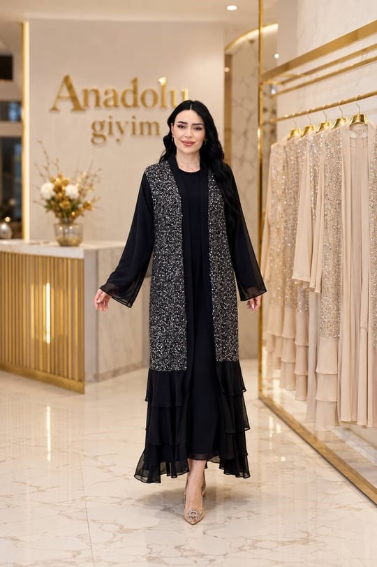 Payet File Detay Abaya Elbise 4816 T-26 Siyah