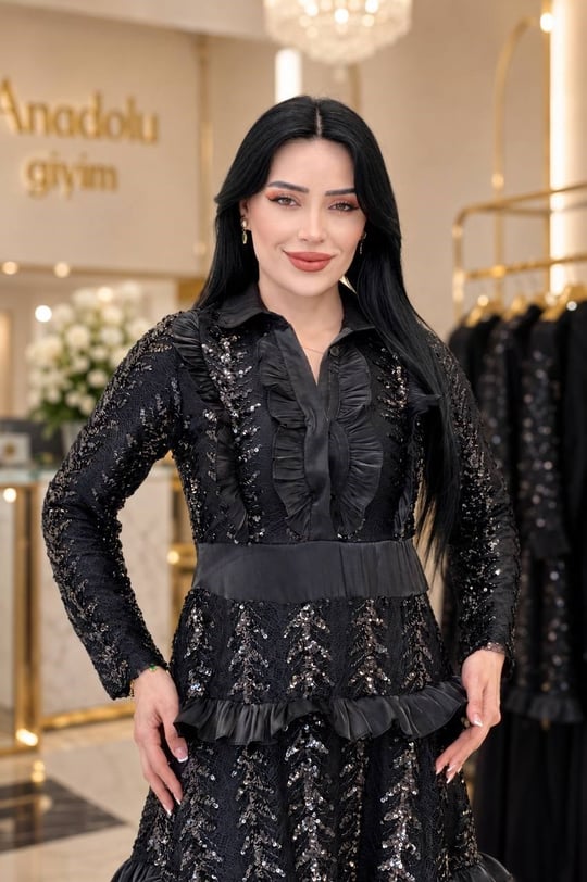 Payet İşleme Kat Kat FırFırlı Şık Elbise 7248 T-26 Siyah