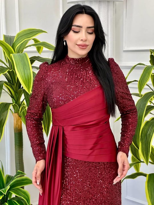 Payet Saten Kombinli Abiye 4024 t-24 Bordo