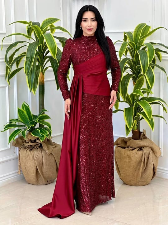 Payet Saten Kombinli Abiye 4024 t-24 Bordo