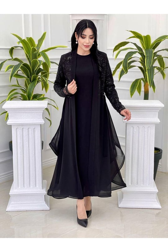 Payetli Abaya Takım 3312 Siyah