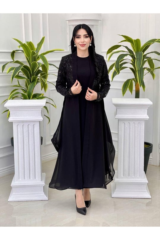 Payetli Abaya Takım 3312 Siyah