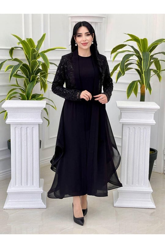 Payetli Abaya Takım 3312 Siyah