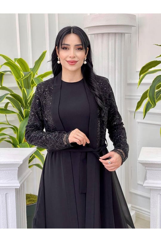 Payetli Abaya Takım 3312 Siyah