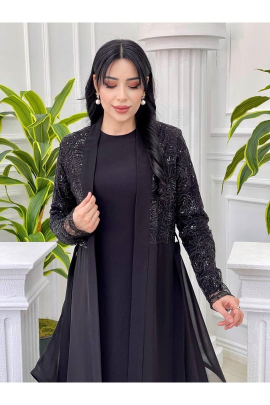 Payetli Abaya Takım 3312 Siyah
