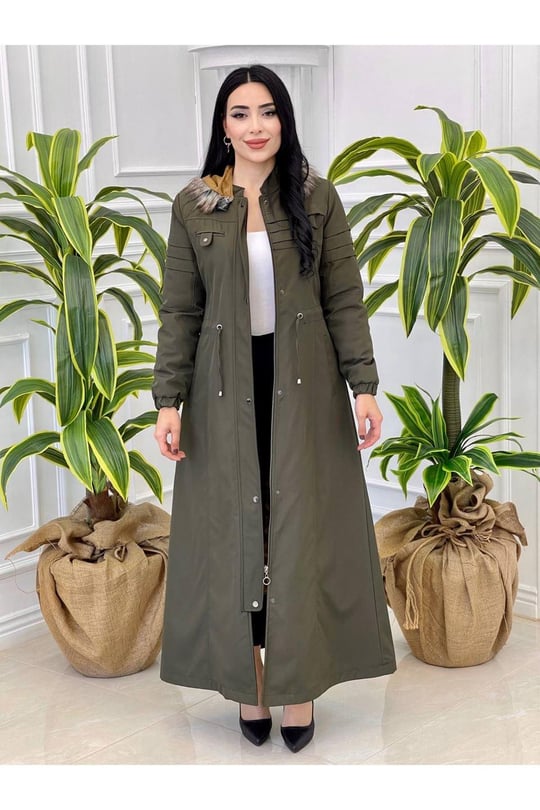 Pile Detay Tam Boy Parka 2028 Haki