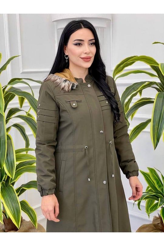 Pile Detay Tam Boy Parka 2028 Haki