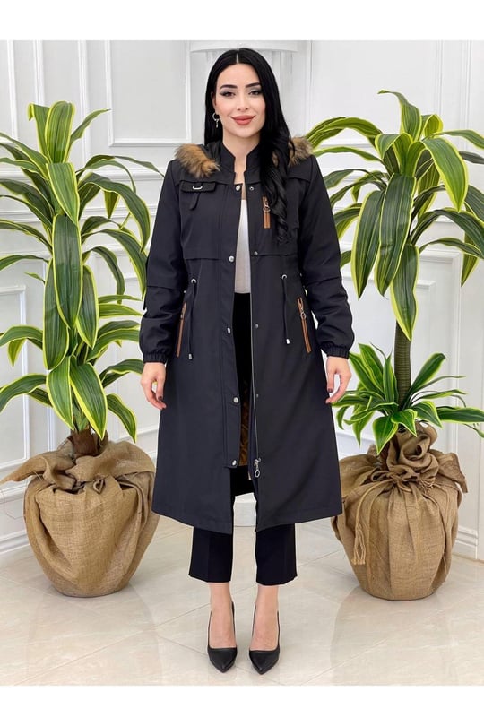 Pile Detay Tam Boy Parka 2028 Siyah