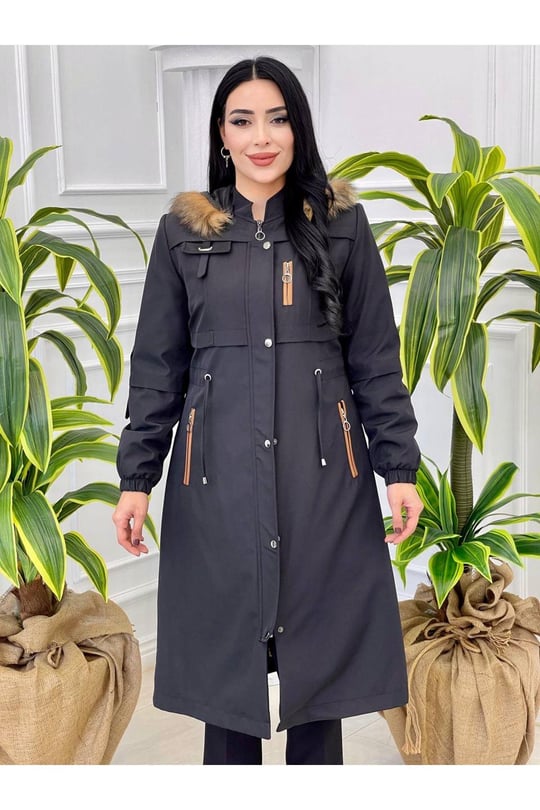 Pile Detay Tam Boy Parka 2028 Siyah
