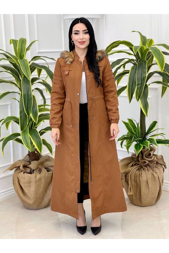 Pile Detay Tam Boy Parka 2028 Taba
