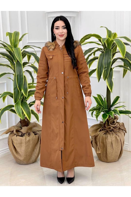 Pile Detay Tam Boy Parka 2028 Taba