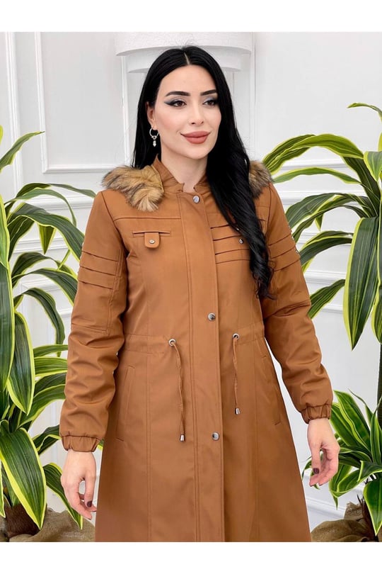 Pile Detay Tam Boy Parka 2028 Taba