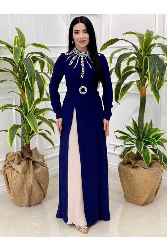 Pilise Detay Taşlı Krep Elbise 3799 Saks