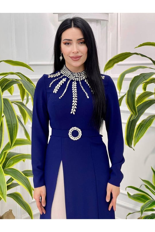 Pilise Detay Taşlı Krep Elbise 3799 Saks
